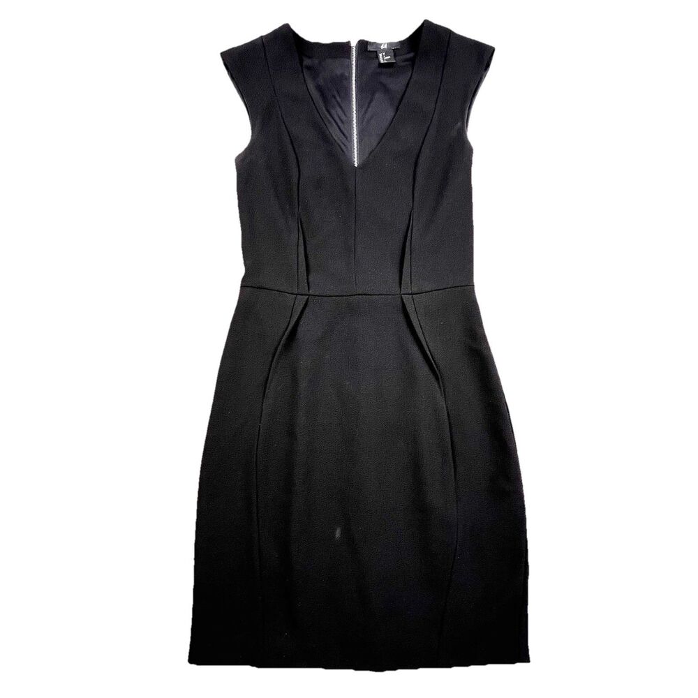 H&M Sheath Cocktail Dress Black Size 4 Sleeveless V-Neck Midi Pencil Zip Back